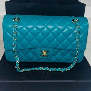 🦄 AUTHENTIC CHANEL Turquoise Blue Green 2023 Leather Double Flap with Dustbag!